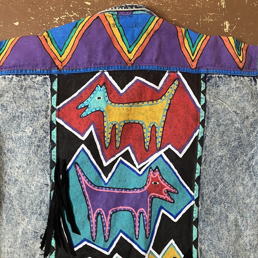 Vintage 90's hand painted jordache denim jacket southwest cow print - Picture 5 of 14